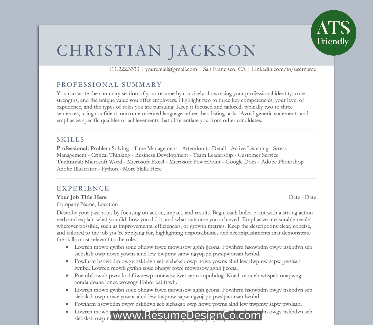 ATS Friendly Resume Template for MS Word, Professional ATS CV Template